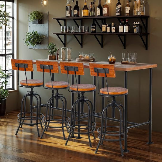 Vintage Bar Set Rustic 41.3inch Height Pipe Design Bar Table and Set of 4 26-32inch Height Adjustable Industrial Bar Stools with Backrest forKitchen Dining Room Office Meeting Cafe House