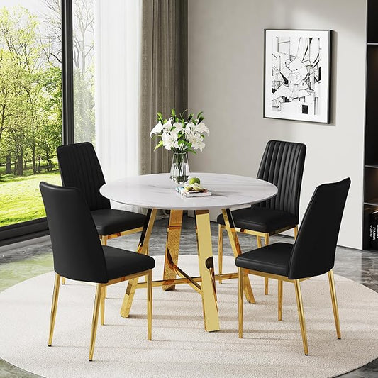 Round Dining Table Set for 4, Round Dining Room Table Set for 4 with Chrome Leg and 4 Chair Dining Table Set, Small Kitchen Island with Seating for Small Spaces(BKG)