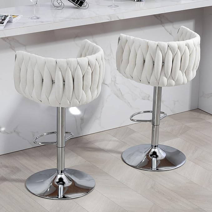 360° Fabric Cover Swivel Bar Stools Set of 2, Adjustable Counter Height Bar Chairs with Woven Back Footrest,Silver Chromed Bar Stools for Kitchen Island, Cafe, Pub (Beige)