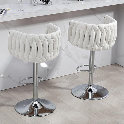 360° Fabric Cover Swivel Bar Stools Set of 2, Adjustable Counter Height Bar Chairs with Woven Back Footrest,Silver Chromed Bar Stools for Kitchen Island, Cafe, Pub (Beige)