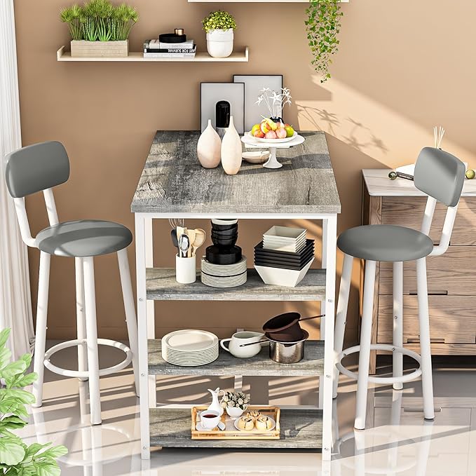 DKLGG Dining Table Set for 2, Counter Height Bar Table Set with Storage ＆ Stools, High Top Pub Table and Chairs for Kitchen, Dining Room, Sofa Side, Apartment, Breakfast Nook, Grey