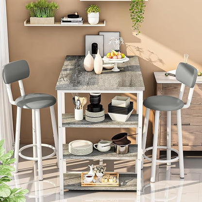 Recaceik Pub Dining Table Set for 2, Table and Bar Stools with 3 Storage Shelves, MDF Board & PU Leather Backrest Chairs, 3 Piece Dining Set for Small Space, Apartment, Kitchen Island, Grey