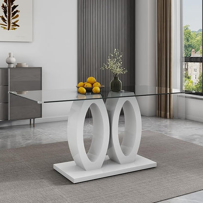 63" Glass Dining Table, Rectangular Kitchen Table with Tempered Glass Tabletop and White O-Shaped MDF Base, Modern Dining Room Table for Kithchen, Living Room