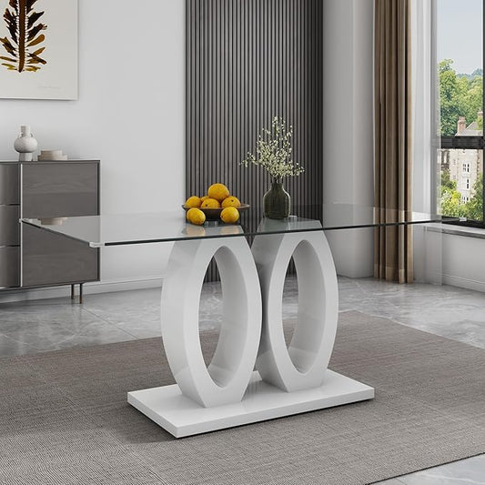 63" Glass Dining Table, Rectangular Kitchen Table with Tempered Glass Tabletop and White O-Shaped MDF Base, Modern Dining Room Table for Kithchen, Living Room