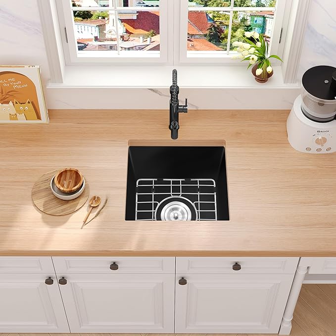 Rhbamoa Black Bar Sink Granite Composite,15''x15'' Matte Black Bar Sink Undermount,15 inch Small Single Bowl Quartz Kitchen Sinks with Accessories