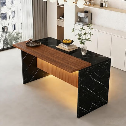 Montary 63" Modern Kitchen Island & Dining Table, Marble-Look Countertop with LED Lights & Grille Design for Dining Room, Living Room, Black(Island Only)