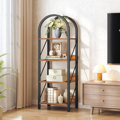 HOOBRO Bookshelf, 4-Tier Bookshelf Arched Display Racks, Industrial Bookcase with Metal Frame, Book Shelf Storage Organizer for Living Room, Office, Bedroom, Rustic Brown and Black BF424SJ01