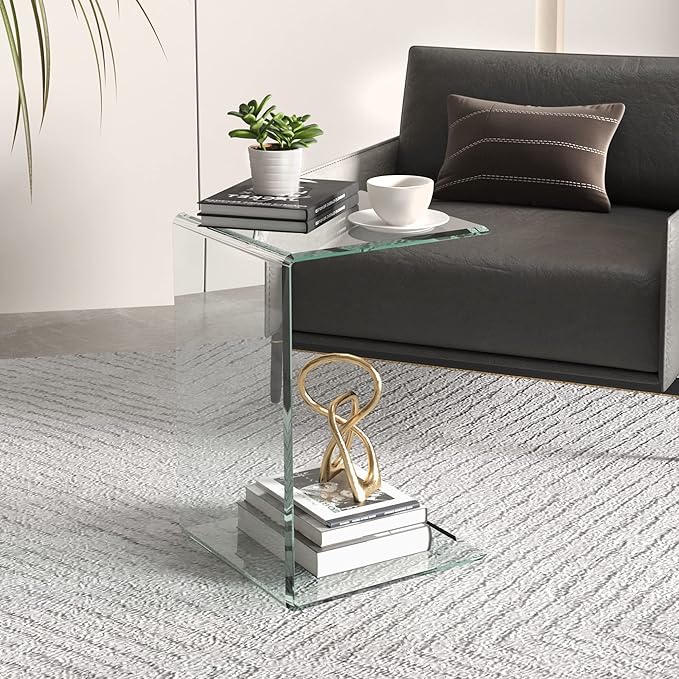 Tempered Glass End Table, Sofa Side Table Clear C-Shape Design for Living Room, Versatile Nightstand with Smooth Edges (C-Shape end Table)