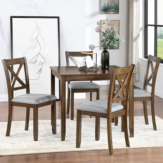 5-Piece Solid Wood Dining Table Set with 4 Upholstered Chairs, Square Kitchen Table Set for 4, Modern Dining Room Table and Chairs Set of 4 for Kitchen and Dining, Walnut