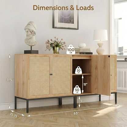 Yechen Set of 2 63" Sideboard Cabinet with Natural Rattan Doors, Buffet Console & Accent Cabinet, Rattan Credenza Storage with Metal Legs for Living Room, Kitchen, Dining Room