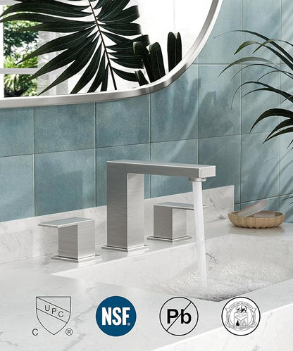 QFN Lead-Free Brushed Nickel Bathroom Faucet 3 Hole, Square Bathroom Sink Faucet 8 Inch Widespread, 2 Handle for 4"-12" Vanity Sink with Metal Pop Up Drain and 24" cUPC Supply Hoses