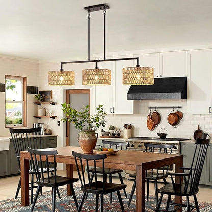 47" Hand Woven Rattan Chandeliers for Dining Room, 3-light Boho Linear Chandeliers Large Farmhouse Kitchen Island Lighting, Black Finish Pendant Light Fixtures Over Table, Bar, Living Room,E26