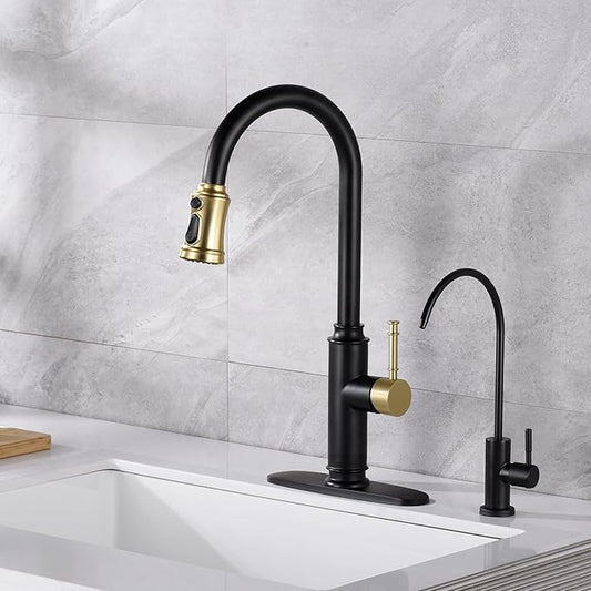 SUMERAIN Kitchen Faucet with Pull Down Sprayer and 10" Deck Plate, Black&Gold Commercial Stainless Steel Single Handle