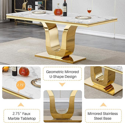 Henf 68" Modern Dining Table for 6, White Marble Kitchen Dining Room Table for 8, Large Rectangular Faux Marble Top and Gold U-Shape Steel Base, Rectangle Pedestal Table for Kitchen, Dining Room
