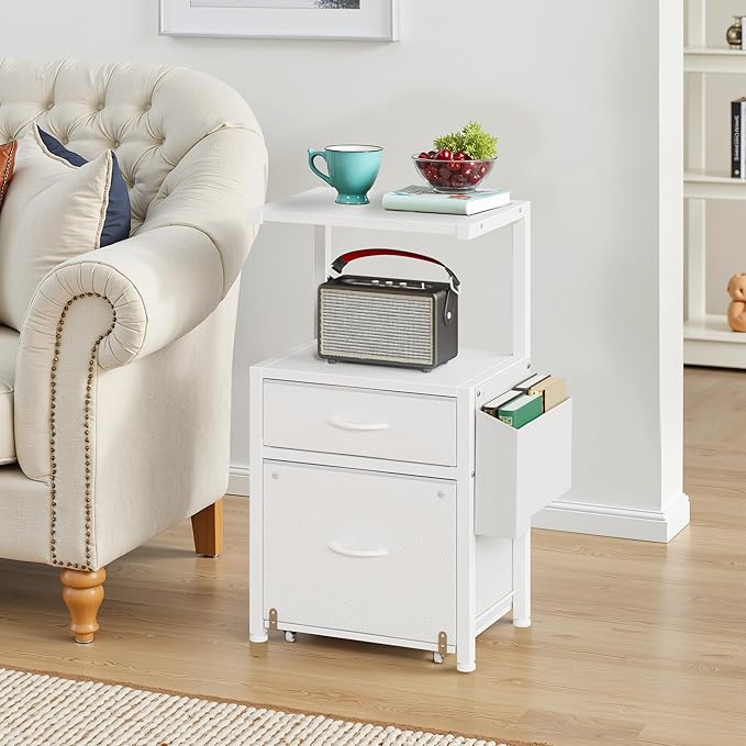 HIGDBFE 2-Drawer File Cabinet, Filing Cabinet with 2-Tier Printer Shelves, Office Cabinets with Side Bag&File Drawer for A4/Letter Size, Printer Stand with Storage for Home Office, White, 16.5" W