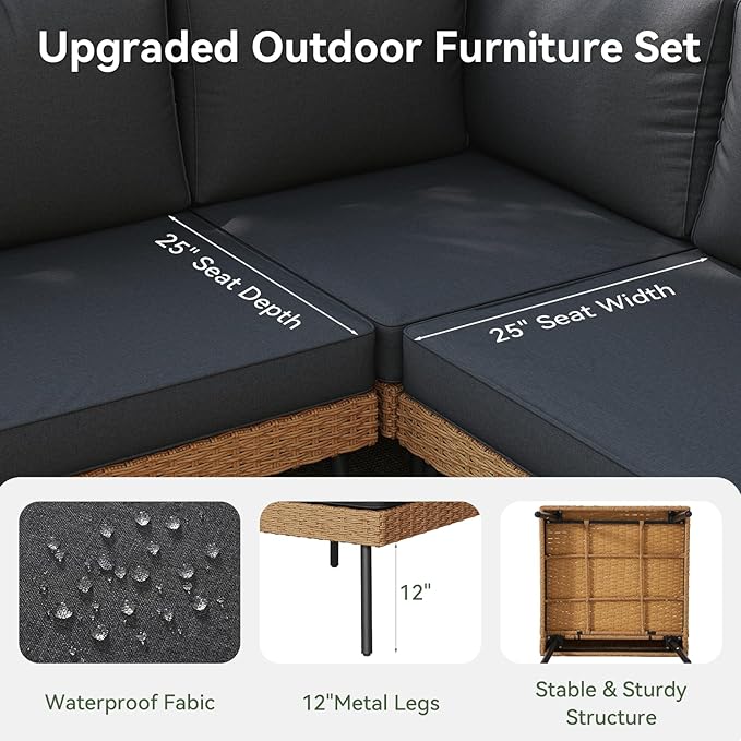Aoxun Patio Furniture Set, 7 Piece Outdoor Sectional Sofas with Thick Cushion, Wicker Outdoor Patio Furniture Set with Coffee Table for Party, Garden, Backyard, Black
