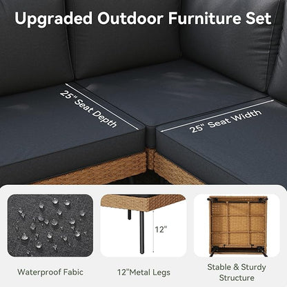 Aoxun Patio Furniture Set, 5 Piece Outdoor Sectional Sofas with Thick Cushion, Wicker Outdoor Patio Furniture Set with Coffee Table for Party, Garden, Backyard, Black