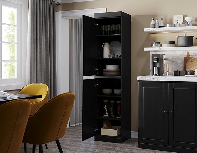 Palace Imports Solid Wood Pantry Cabinet - Tall Narrow Storage Cabinet with Raised Panel Doors - 16.5" W x 71.5" H - Black, Kitchen Cupboard, Adjustable Shelves, 100% Eco-Friendly Wood, Modular