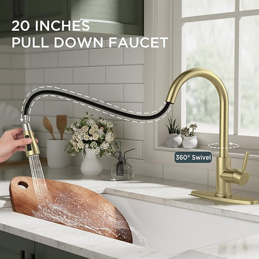 QFN Gold Kitchen Faucet with Pull Down Sprayer, High Arc Single Handle Single Level Stainless Steel Pull Out Sink Faucet for Farmouse Camper RV Bar, Fit for 1 or 3 Hole