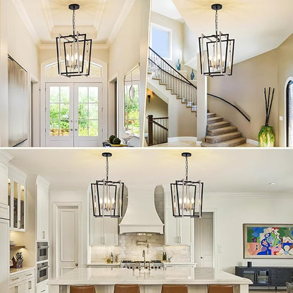 WJShome 4-Light Modern Chandelier, Farmhouse Dining Room Light Fixture Hanging Pendant Lights Kitchen Island, Black and Silver Lantern Pendant Light, Adjustable Height Entryway Chandeliers