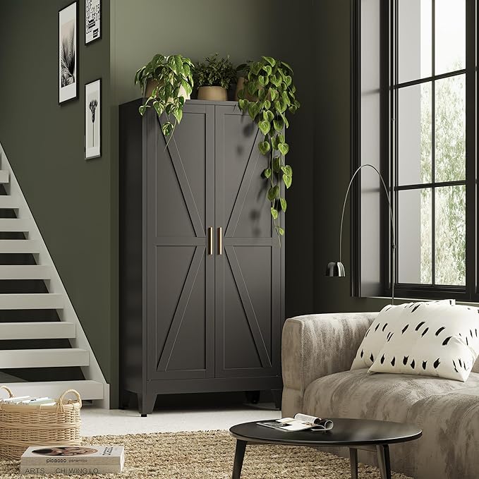 Bevivog 61" Kitchen Pantry Cabinet, Farmhouse Metal Storage Cabinet with 2 Doors and 3 Adjustable Shelves, Metal Pantry Closet Cabinets for Kitchen Bathroom, Home Office, Living Room