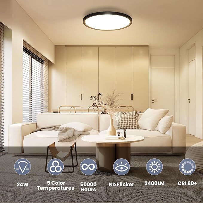 NIORSUN 12 inch Flush Mount LED Ceiling Light Fixture, Dimmable 3000K-6500K Adjustable Black Ceiling Lights, Ultra Thin Round Lamp, 24W Light Fixtures for Bedroom, 2 Pack