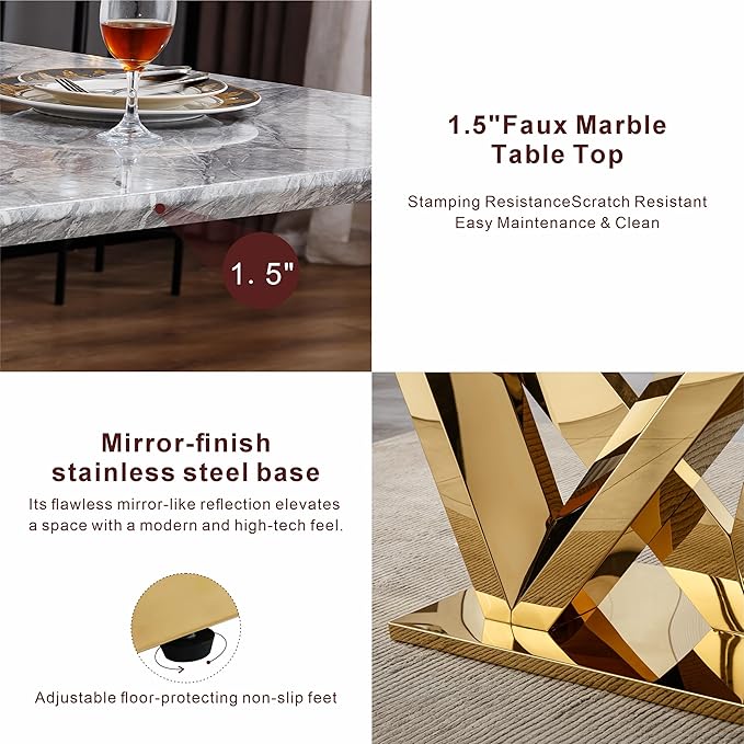 70" Marble Dining Table for 6-8, Modern Luxury Gold Rectangular Large Kitchen Table, Marble Grain MDF Tabletop & Stainless Steel Base, Dinner Furniture for Kitchen Dining Room, Meeting Room, Grey