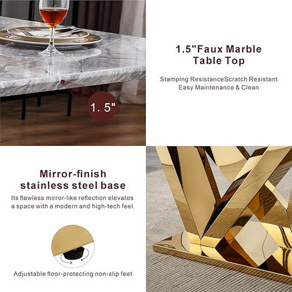 70" Marble Dining Table for 6-8, Modern Luxury Gold Rectangular Large Kitchen Table, Marble Grain MDF Tabletop & Stainless Steel Base, Dinner Furniture for Kitchen Dining Room, Meeting Room, Grey