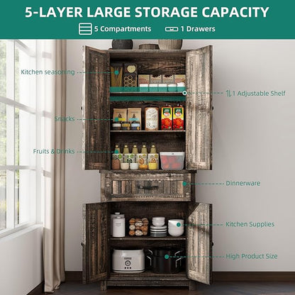 YITAHOME 72.6" H Farmhouse Kitchen Pantry Cabinet, Freestanding Tall Storage Cabinet with 4 Doors, Drawer and Adjustable Shelves, Tall Cupboard for Dining Room, Living Room, Dark Rustic Oak