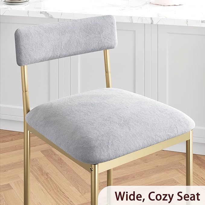 TrailBlaze Set of 2 Upholstered Bar Stools with Backrest & Footrest, Counter Height Dining Chairs, Thick Cushions - Modern Soft Fabric Grey and Gold - Kitchen Island, Dining Room, Bar - Easy Assembly