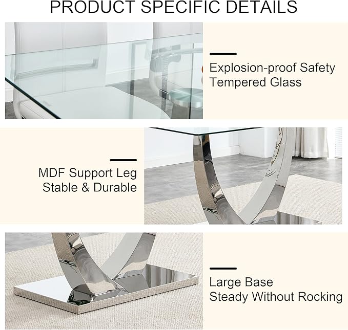 71” Glass Dining Table for 6-8, Modern Dining Room Table with 0.4” Thick Tempered Glass Top, Sturdy Silver Kitchen Table with Metal U-Shaped Legs for Kitchen Dining Room
