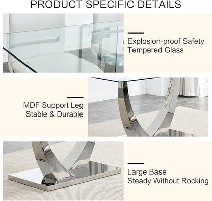 71” Glass Dining Table for 6-8, Modern Dining Room Table with 0.4” Thick Tempered Glass Top, Sturdy Silver Kitchen Table with Metal U-Shaped Legs for Kitchen Dining Room