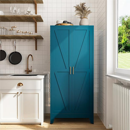 COFaR 61" Metal Pantry Cabinet in Peacock Blue, Farmhouse Storage Cabinet with Adjustable Shelves, Sturdy Freestanding Cupboard for Kitchen Organization, Bathroom & Living Room