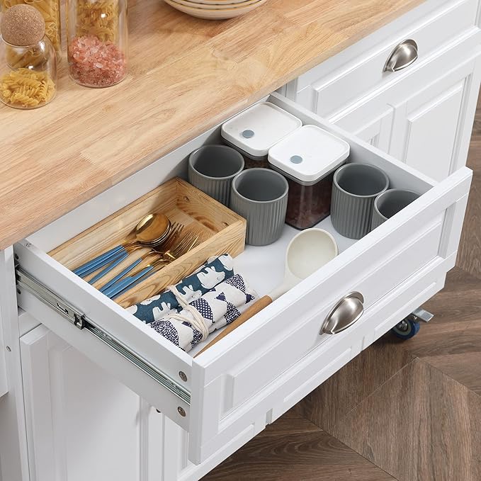 GOWE Rolling Kitchen Island on Wheels, Kitchen Cart with Solid Wood Drop Leaf Breakfast Bar, Storage Drawers, 4-Door Cabinets, Spice Rack, White
