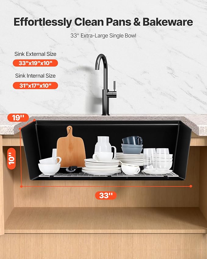 VEVOR 33 inch Kitchen Sink Workstation, Top Mount Granite Sinks, Drop-In Single Bowl Farmhouse Basin with Multiple Accessories, Household Dishwasher Sinks (19"D x 33"W x 10"H)