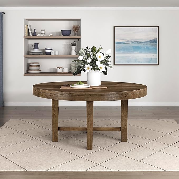 Lexicon 60 Inch Round Dining Table for 4-6 People, Solid Wood Frame with Circle Top, Farmhouse Small Round Kitchen Table for Dinner, Living Room, Modern Natural Wooden Finish, Easy Assembly, Brown