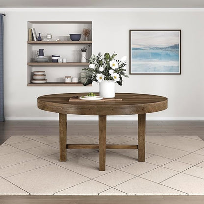 Lexicon 60 Inch Round Dining Table for 4-6 People, Solid Wood Frame with Circle Top, Farmhouse Small Round Kitchen Table for Dinner, Living Room, Modern Natural Wooden Finish, Easy Assembly, Brown