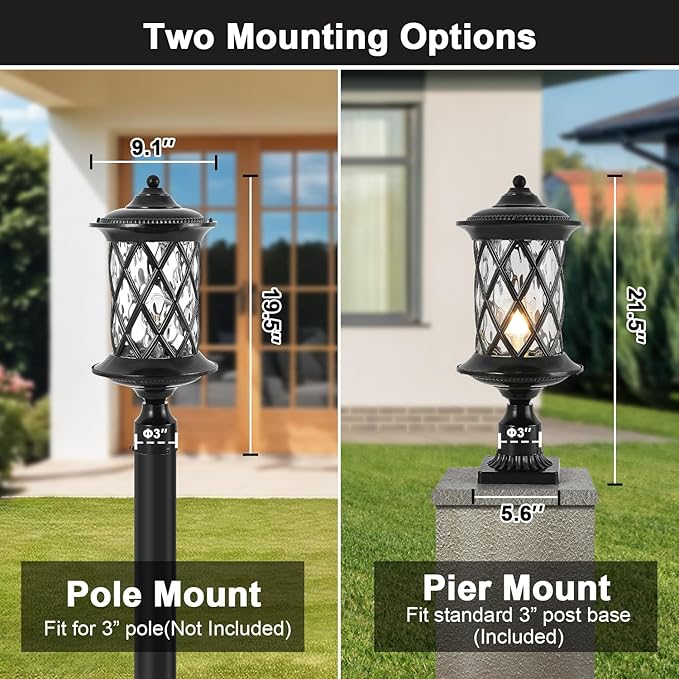 Industrial Exterior Lamp Post Lighting Fixture Waterproof Post Light Outdoor with 3-Inch Pier Mount Base, Water Glass Lampshade 60W E26 Retro Outdoor Pillar Light for Yard, Porch, Patio