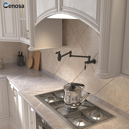 CENOSA Pot Filler Faucet Matte Black Commercial Wall Mount Stove Faucet Lead-Free Foding Wall Mount Kitchen Sink Pot Filler Facuet