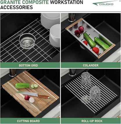 33x22 Black Drop in Kitchen Sink Workstation - Couoko Matte Black Quartz Granite Composite Single Bowl Drop In Sinks Large Deep Classic Topmount Sink Basin with Luxury Accessories