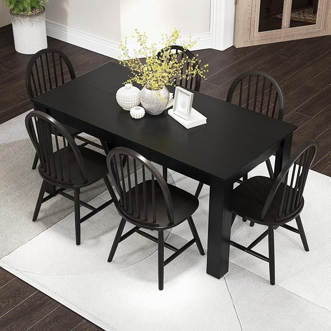 63-Inch Dining Table for 4-6 People, Rectangular Wooden Kitchen Table, L-Shaped Legs, 330 LBS Weight Capacity, Modern Farmhouse Dinette Table for Restaurant, Living Room, Family (Black)