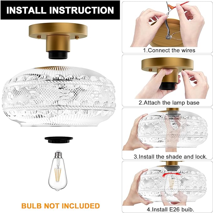 Industrial Semi Flush Mount Ceiling Light Fixture,Gold Globe Glass Hallway Lights Fixtures Ceiling,Vintage Ceiling Lights,Farmhouse Lights Fixture for Entryway Kitchen Bathroom,Bulb Not Included