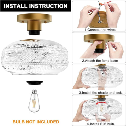 Industrial Semi Flush Mount Ceiling Light Fixture,Gold Globe Glass Hallway Lights Fixtures Ceiling,Vintage Ceiling Lights,Farmhouse Lights Fixture for Entryway Kitchen Bathroom,Bulb Not Included
