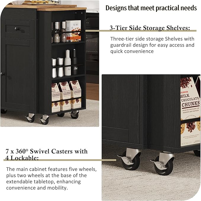 85.5" Kitchen Island with Extendable Dining Table, Rolling Kitchen Island with 3 Side Open Shelves, Power Outlet, Kitchen Storage Table with 3 Drawers, 2 Doors, for Kitchen, Dining Room, Black