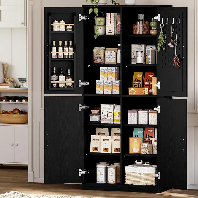 IRONCK 71" Kitchen Pantry Storage Cabinet with Storage Rack, Pegboard Doors, 4 Adjustable Shelves, Food Pantry Cabinet, Freestanding Tall Cupboard for Dining Room, Kitchen, Black
