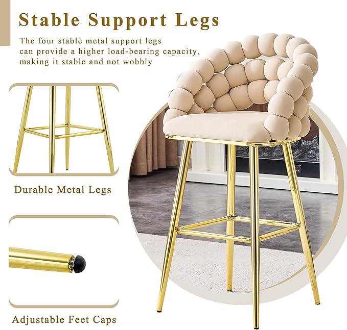 Set of 2 Beige Puffy Bubble Chair Ball Chain Chair Velvet Bar Stools with Gold Legs, Tufted Accent Bar Chairs for Kitchen Island Home Bar