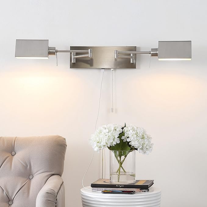 JONATHAN Y 54" Nickel 2-Light Double Swing Arm LED Wall Sconce, Industrial Farmhouse Iron Wall Lamp with Pull-Chain, USB, Metal Shades (JYL6016B)