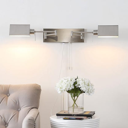 JONATHAN Y 54" Nickel 2-Light Double Swing Arm LED Wall Sconce, Industrial Farmhouse Iron Wall Lamp with Pull-Chain, USB, Metal Shades (JYL6016B)