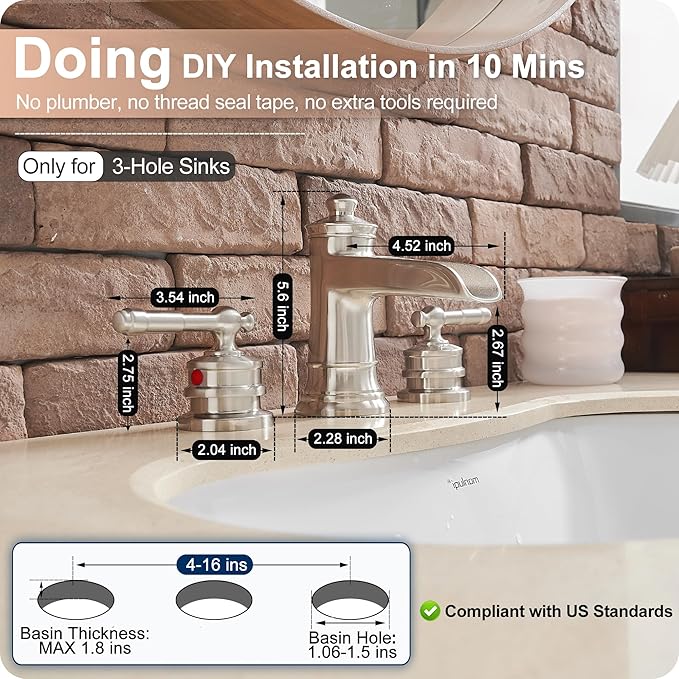 4-16 Inch Widespread Bathroom Faucet Brushed Nickel, Brass Waterfall Faucet for Bathroom Sink, 2 Handles with cUPC Water Hoses & Pop-Up Drain, 10 Mins Easy Installation, Saving Water, Modern