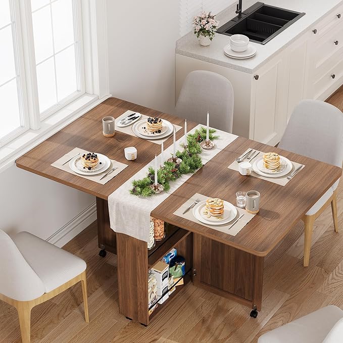 Garvee Folding Dining Table with Storage, Folding Kitchen Table with 6 Wheels, Drawer & Shelves, Compact Dining Table for Small Spaces